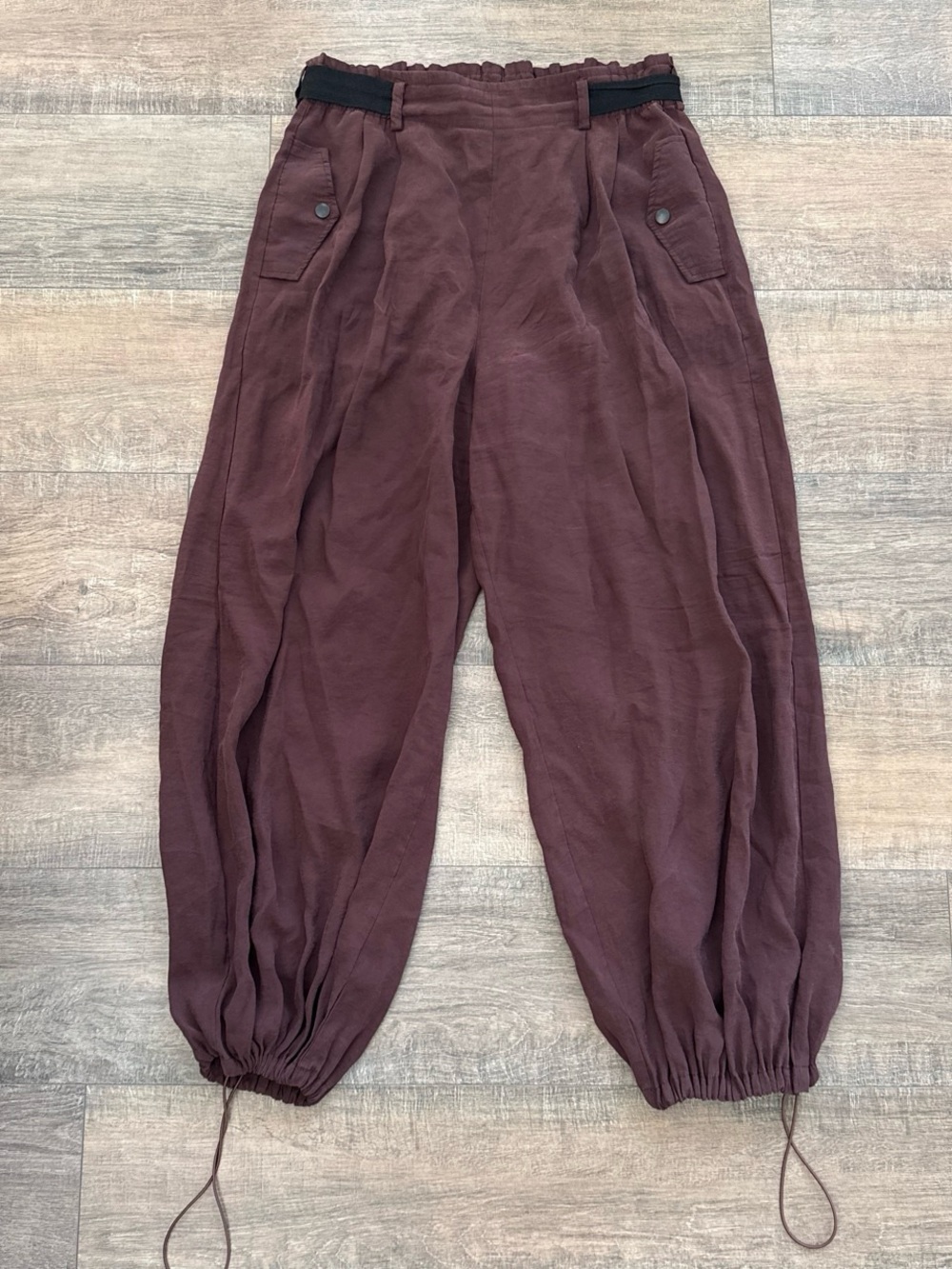 Anthropologie Brown Parachute Harem Cargo Pants M Cinch Hem Utility 